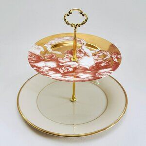 Vintage Mismatched 2 Tiered Dessert Stand, Red & Heavy Gold with Cherubs Design